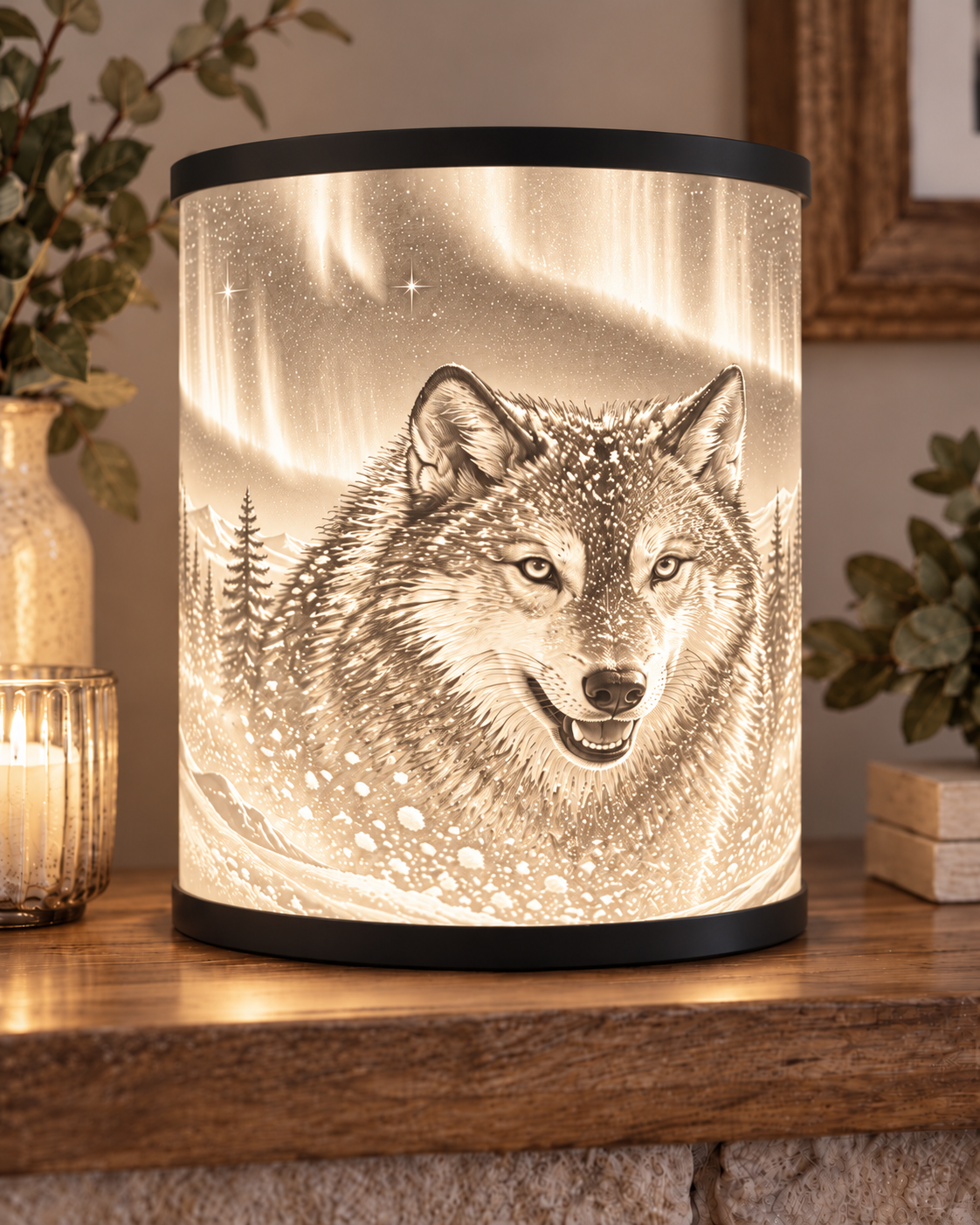 Glowing wolf lithophane lamp on a wooden shelf